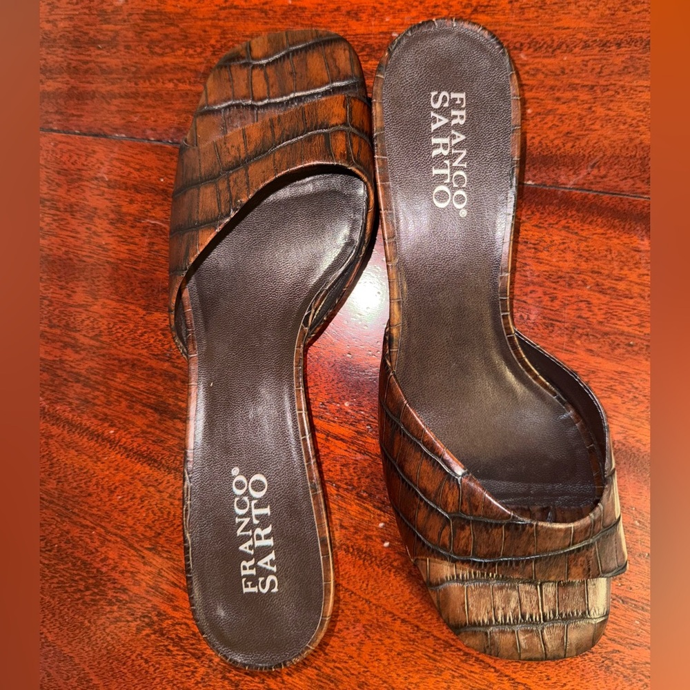 Franco Sarto Leather Mule Croc Embossed Slip On Sandal Brown Women’s Size 71/2M - Picture 2 of 7